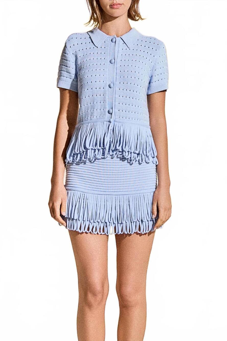NEW ENGLISH FACTORY knitted fringe detail top in powder blue